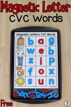 the magnetic letter cvc words game is shown on a wooden surface with text below it