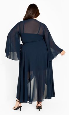 Introduce an irresistibly dreamy style to your collection with the Fleetwood Maxi Dress! Fall head over heels for its true wrap style, full length bell sleeves and a maxi hi-lo hemline that brings a flowy finish to this silhouette. Key Features Include: - V-neckline - Full length bell sleeves - Fabric tie closure - True wrap style - Floaty chiffon fabrication - Maxi hi-lo hemline - Slip included Wear on a date night with bold gems! | Plus Size Fleetwood Maxi Dress in True Navy, Size 18 | City Ch Flowy Chiffon Wrap Maxi Dress, Maxi Dress Fall, Dreamy Style, Formal Occasion Dress, Dresses Date Night, City Chic Dresses, Maxi Dress Wedding, Maxi Dress Navy, Plus Size Maxi