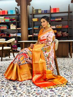 Pratibha Soft Banarasi Silk Kalamkari Block Print Design Party Wear Saree We take pride and excited to introduce these royal ethnic sarees to you! It's highly handpicked and designed exclusively just for you! Exult this festival/wedding season with these incredible weaved pure Soft Banarasi silk sarees, that is high in quality and weaving all over the body with Zari work and majestic contrast Kalamkari Design Print and royal ombre kind Pallu. It pairs with a contrasting blouse with a border to make them look even more classic and graceful. Saree Cut: 5.50 MT Saree Blouse: 0.80 MT || Easy Hand Wash ||  || 100% Quality assurance Item || PLEASE NOTE: Blouse that model is wearing is only for reference purpose. Kalamkari Design, Kalamkari Designs, Banaras Sarees, Silk Saree Kanchipuram, Designer Sarees Collection, Kalamkari Saree, Party Wear Saree, Ethnic Sarees, Party Kleidung