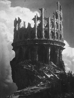 an old black and white photo of a castle on top of a hill with clouds in the background