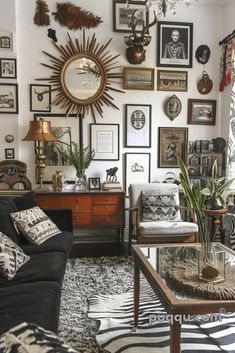 a living room filled with furniture and lots of pictures on the wall above it's coffee table