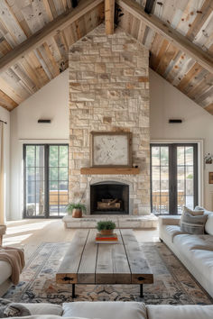 40 Modern Farmhouse Fireplace Ideas for Contemporary Living Farm Fireplace Ideas, Country House Fireplace Ideas, Fireplace Stone Ideas Farmhouse, Farmhouse Fireplaces And Mantels, Fireplaces Between Windows, Fireplace Ideas Country Style, Gas Fireplace Between Two Windows, Stone Fireplace With Shiplap On Sides, Exposed Rock Interior