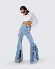 Disco diva 💅 Strut your stuff in these blue frayed jeans constructed from denim fabric and complete with frayed vertical seams and edges, a high-rise fit, and oversized ruffle detailing at the legs 💙 White Long Sleeve Crop Top, Disco Diva, Long Sleeve Cropped Top, Baby One More Time, Black Off Shoulder, Frayed Jeans, Frayed Denim, White Jersey, Pleated Mini Skirt