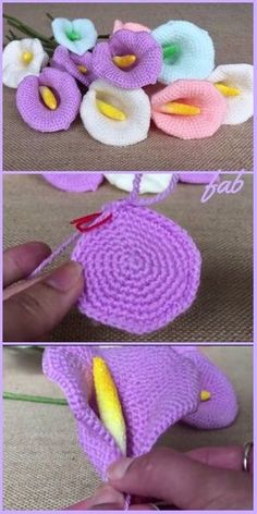 crocheted flowers are being made with yarn