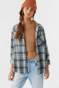 Always classic flannel shirt that has a front button closure with collar, allover plaid print and super soft feel. O'Neill Women's flannel shirt 28" In length Relaxed fit Brushed cotton flannel Front button closure with collar 100% Cotton brushed flannel | O'Neill Women's Logan Flannel Relaxed Fit Shirt in Infinity, Size Medium Suits Series, Loungewear Outfits, Spring Suit, Loungewear Dresses, Womens Flannel Shirt, Womens Wetsuit, Denim Sweater, Plaid Print, Womens Clothing Sizes