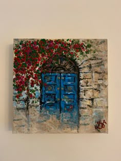 a painting of a blue door with red flowers on it