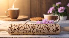 a wooden rolling pin sitting on top of a table next to flowers and a cup of coffee