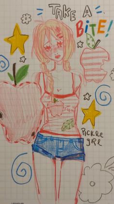 a drawing of a girl holding an apple with stars around her and the words take a bite on it