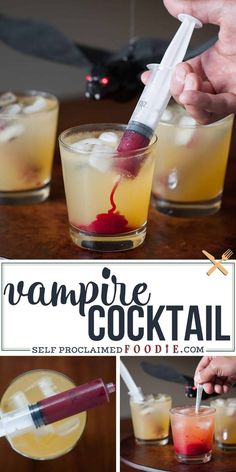 a person is holding a knife and cutting into some drinks with the words vampire cocktail on it