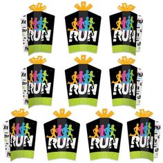 a bunch of fruit boxes with the words run on them in different colors and designs