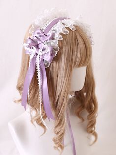 Elevate your kawaii style with this charming purple sweet bowknots lace hairband/KC. The delicate lace and adorable bowknots add a touch of sweetness to any outfit. Add a dash of cuteness to your ensemble with this must-have accessory!  Please note that this product includes only the hairband or KC. Cute Head Pieces, Pastel Purple Clothes, Kawaii Head Accessories, Purple Headband Aesthetic, Frilly Headband, Harajuku Hair Accessories, Lace Hairband, Harajuku Style Bow Hair Accessories, Pastel Jewelry