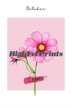 a pink flower with the words high level prints on it's back side and bottom corner