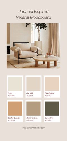 the japanese inspired neutral mood board is shown in various colors and sizes, including beiges,