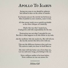 a poem written in black ink on white paper with the words,'apollo to icarus '