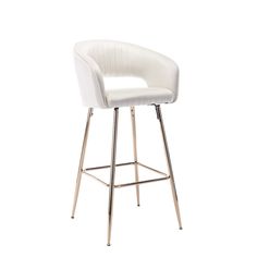 a white bar stool with chrome legs and an upholstered seat, on a white background