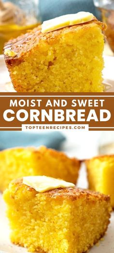 two pieces of cornbread on a plate with the words, moist and sweet cornbread