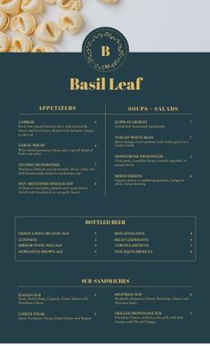 a menu for basil leaf, with ingredients on the side and an image of pasta