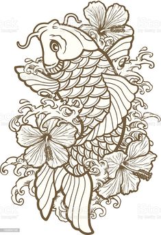 a drawing of a koi fish with flowers on it