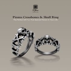 two rings with skulls on them and the words pirates crissbones skull ring