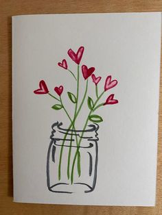 a drawing of red flowers in a mason jar