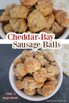 cheddar bay sausage balls in a white bowl with the title overlaying