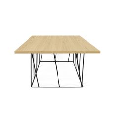 a wooden table with black metal legs and a square shape on the top, against a white background