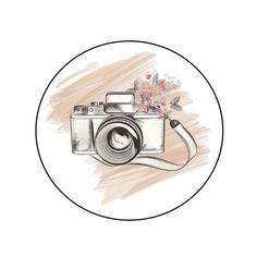 a drawing of a camera with flowers on the front and side, in a circle