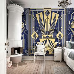 an art deco bedroom with blue and gold wallpaper