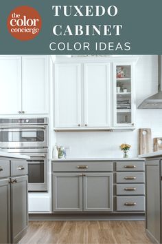 a white kitchen with gray cabinets and wood flooring, the words tuxedo cabinet color ideas