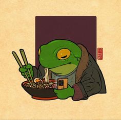 a cartoon character eating noodles with chopsticks and a cell phone in his hand