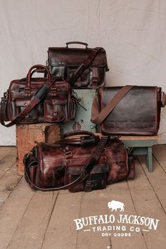 Amazing collection of rugged men's leather and waxed canvas luggage by Buffalo Jackson Trading Co. Just right for a weekend adventure, whether for business or pleasure. Impressive quality and attention to detail. Great gift for him! travel bags | duffle bags | weekender bags Vintage Briefcase, Handmade Leather Bags