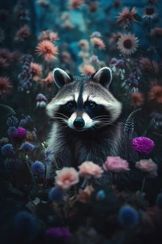 a raccoon sitting in the middle of flowers