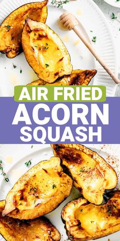 air fried acorn squash on a white plate with parsley in the background and text overlay that reads, air fried acorn squash