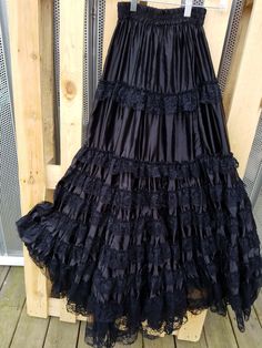 Lace Tiered Skirt, Long Frilly Skirt, Long Layered Skirt, How To Layer Skirts, Black Layered Skirt, Gothic Skirts Long, Goth Long Skirt, Long Black Petticoat, Gothic Long Skirt