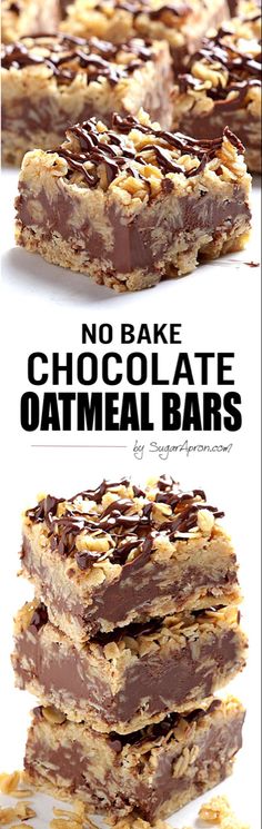 no bake chocolate oatmeal bars are stacked on top of each other