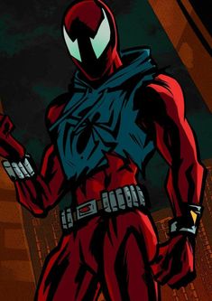 a red and black spider - man standing in front of a cityscape at night