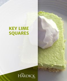 there is a piece of green cake with whipped cream on it and the words key lime squares