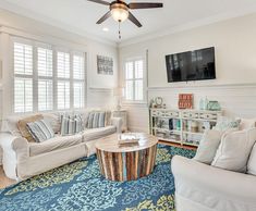 a living room filled with furniture and a flat screen tv mounted on the wall above it