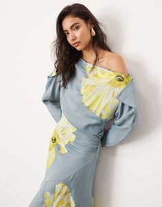 ASOS EDITION satin floral embroidered drape one shoulder midi dress in airforce blue | ASOS Spring Off-shoulder Silk Midi Dress, Spring Silk Off-shoulder Midi Dress, Spring One Shoulder Ruched Dress For Brunch, Spring Silk Midi Dress One Shoulder, Spring One Shoulder Dress With Draped Sleeves, Off-shoulder Silk Midi Dress For Spring, One-shoulder Midi Dress For Spring Cocktail, Spring Dresses With Ruched Asymmetrical Neckline, Spring Cocktail Midi-length One-shoulder Dress