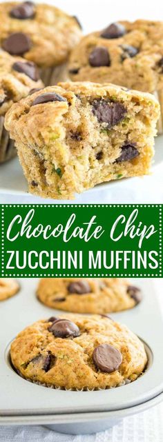 chocolate chip zucchini muffins in a muffin tin with text overlay