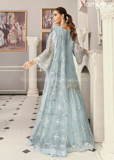 Blue Embroidered Party Dress, Elegant Embroidered Dress With Dabka Work For Wedding, Embellished Dress For Eid Designer Wear, Elegant Embroidered Dress With Dabka For Festive Occasions, Eid Embellished Designer Dress, Elegant Wedding Dress With Dabka Embroidery, Eid Floor-length Organza Dresses, Long Sleeve Gown For Eid Reception, Resham Embroidered Dress For Eid Reception