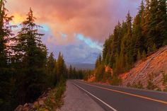 an empty road surrounded by pine trees under a cloudy sky with mountains in the distance