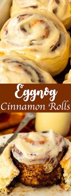 eggnog cinnamon rolls with icing on top