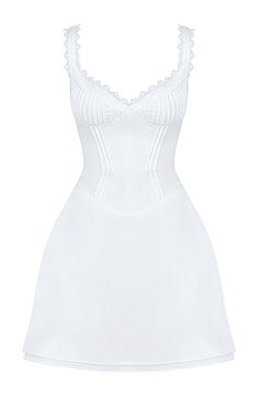 Lace Trim Bustier A Line Dress White DESIGN: Colour: White V-neck Sleeveless Bustier detail A-line design Pleated detail Structured design Concealed zipper at back Body sculpting design Gentle Dry Clean Only Length: Mini. Above knee MATERIAL: Silk + Polyester + Spandex High quality durable fabric. Delicate sewing and hemming by durable needle lockstitch machine. YKK zipper (known as the most durable and reliable zippers manufactured today). To maintain the beauty of your gartment, please follow the care instructions on the attached label. Colour may vary due to lighting on images. The product images (without model) are closest to the true colour of the item.     * Order one size up for a relaxed fit. * Pay special attention on measurements to ensure proper fit. * If you are Luxury Fitted Mini Dress With Lace Trim, Luxury A-line Mini Dress With Lace Trim, Luxury Mini Dress With Lace Trim And Fitted Bodice, Luxury Fitted Bodice Dress For Confirmation, Luxury White Dress With Back Zipper, Luxury White Mini Dress With Lined Bodice, Luxury Off White Dress With Lace Trim, White Lace Bustier Dress, Summer V-neck Dress With Boned Bodice