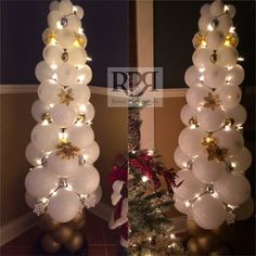 two christmas trees made out of balloons and lights