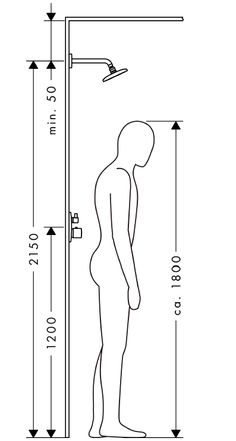 a drawing of a person standing in front of a shower faucet with the measurements for