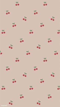 a wallpaper with cherries on it in red and green, against a light pink background