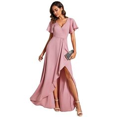 Make a statement at your next event with this stunning V-neck high low evening dress featuring elegant ruffle sleeves and a flattering high waist. Perfect for weddings, proms, or any special occasion, this dress is sure to turn heads with its unique design and flowing skirt. Ever-Pretty gives you stylish and affordable dresses with unique design. You deserve this beautiful plus size formal wedding guest dress for almost all casual or semi-formal occasions, remember not only wear it for once Hiking Wedding, Dresses Revolve, High Low Evening Dresses, High Low Bridesmaid Dresses, Maxi Dresses Formal, Dress With Ruffle Sleeves, Chic Jumpsuit, Gown Plus Size, Revolve Dresses