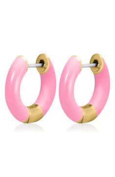 Enhance your ensemble by accessorizing with these timeless hoop earrings that are colored with enamel to make a statement. 0.51" hoop diameter Hinge with snap-post closure Goldtone plate/enamel Imported Candy Pink, Pink Candy, Nordstrom Rack, Gold Tones, Hoop Earrings, Nordstrom, Candy, Pink, Color