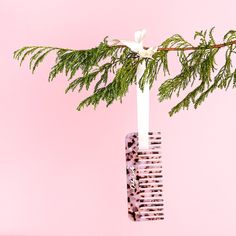 a comb hanging from a tree branch on a pink background with white flowers and leaves